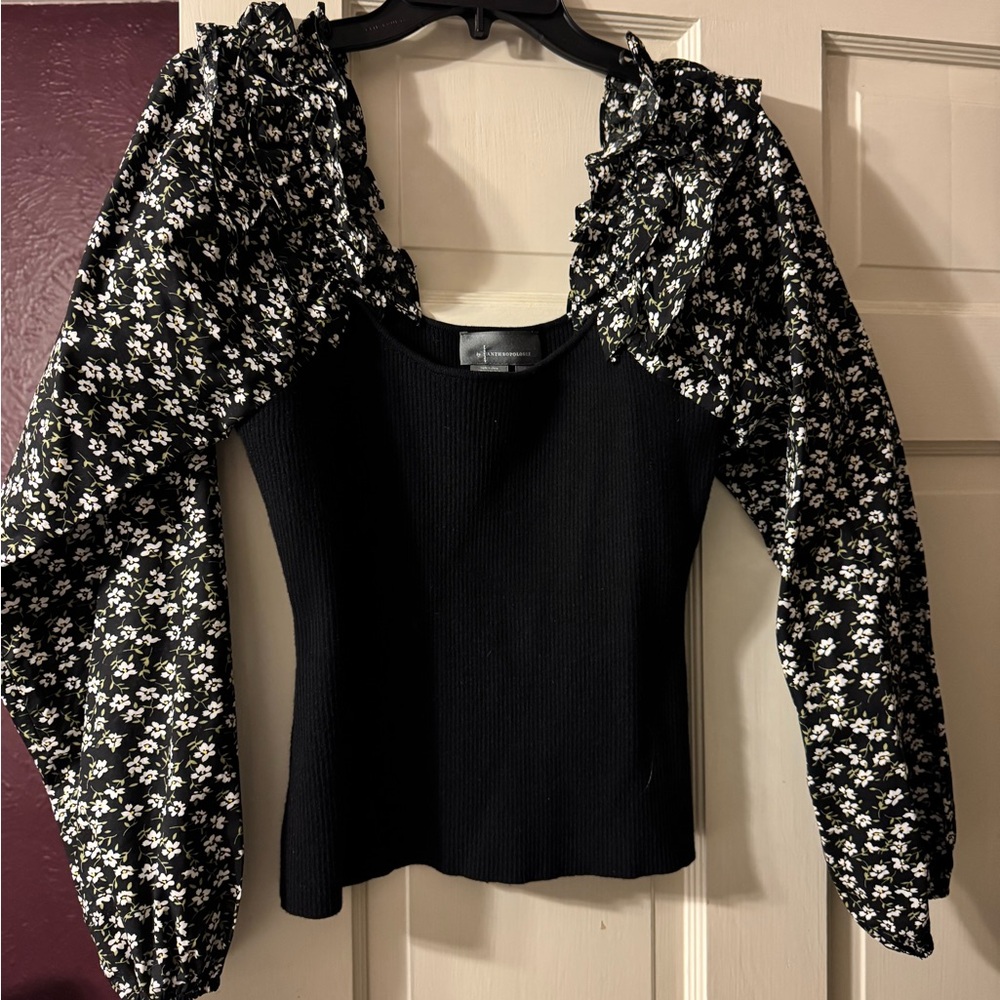 Anthropologie Floral Puff-Sleeve Black Women's Top
